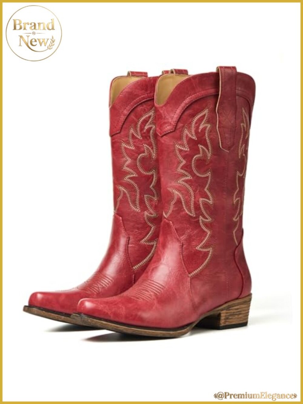 Faux Leather Mid-Calf Western Cowboy Boots Pull-On Block Heel